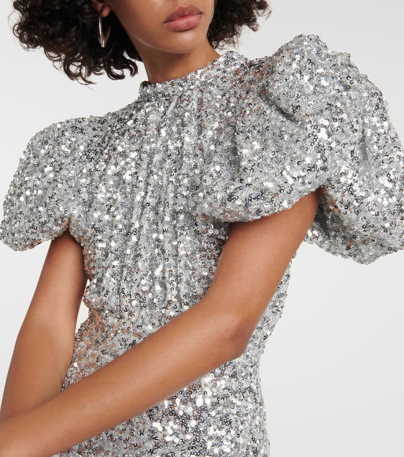 silver sparkly bodycon dress Puff-sleeve sequined midi dress in silver - Rotate