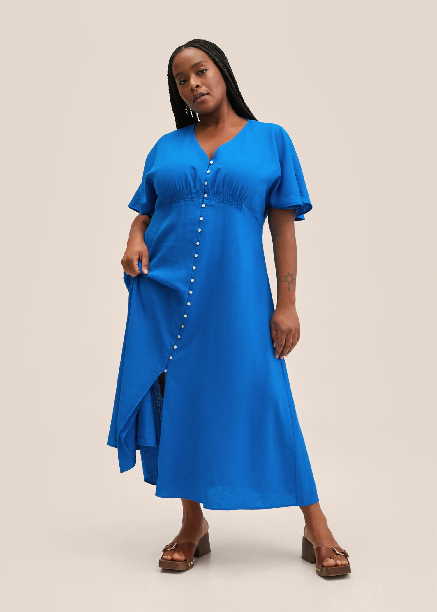 mango linen button dress MANGO - Linen-blend shirt dress Ochre