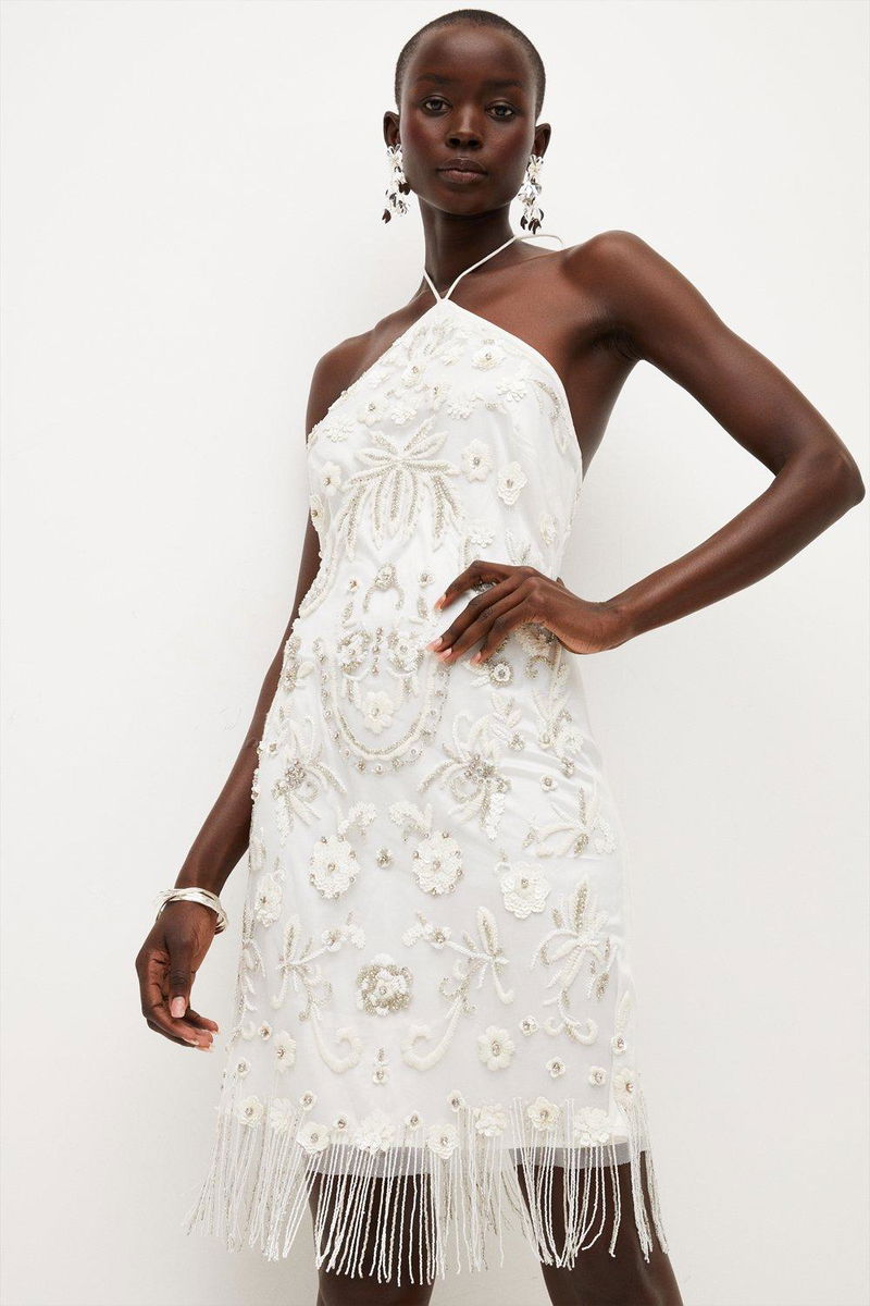 KAREN MILLEN Premium Beaded Halterneck Mini Dress | endource