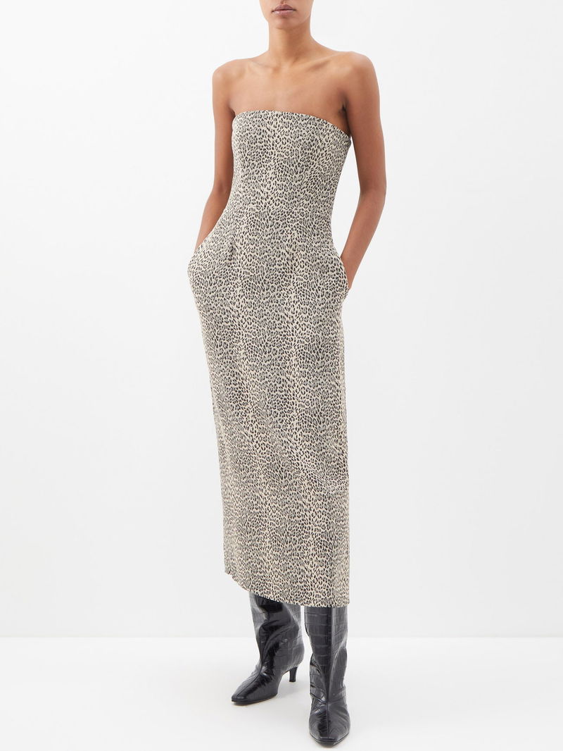 Beige Leopard-print bandeau-neck crepe midi dress