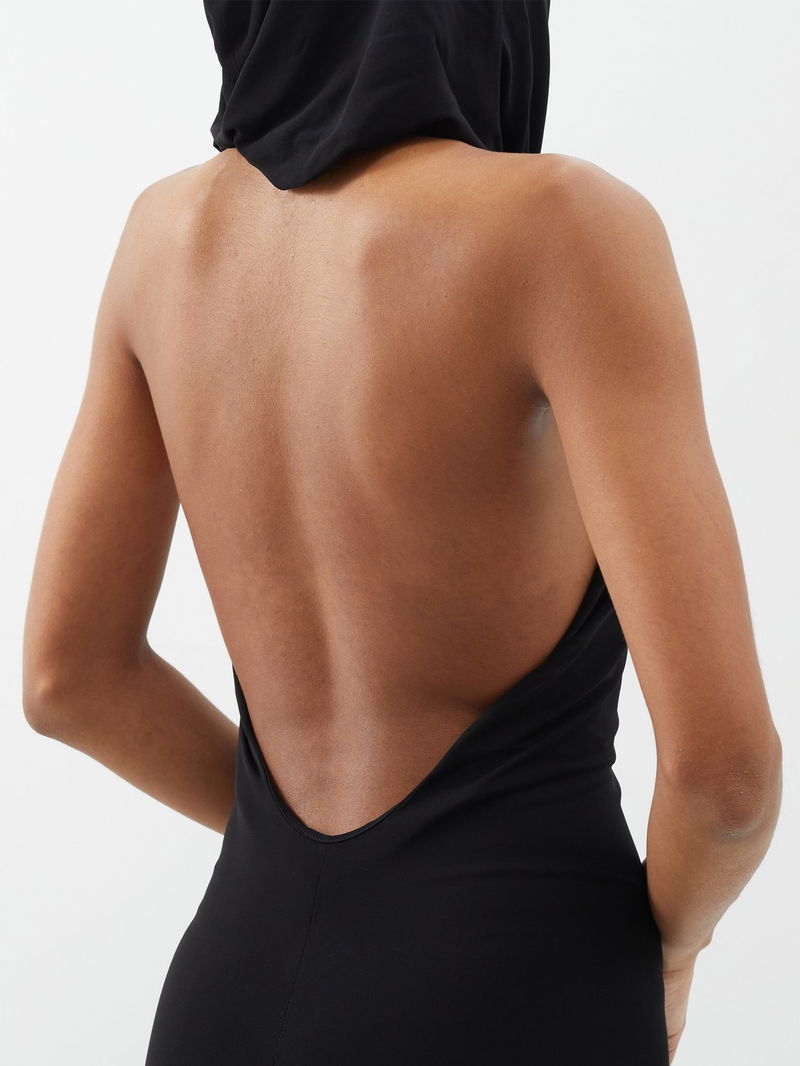 SAINT LAURENT Halterneck hood backless crepe gown