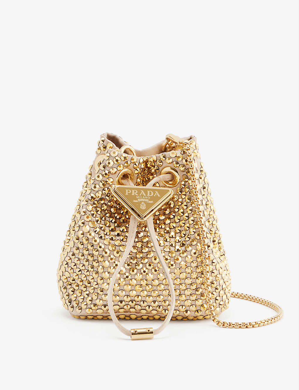 PRADA Crystal-Embellished Mini Leather Bucket Bag in GOLD