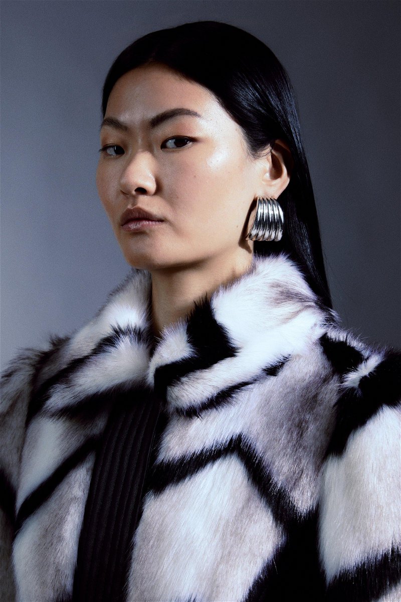 Plus Size Faux Fur Pu Panelled Stripe Belted Coat | Karen Millen