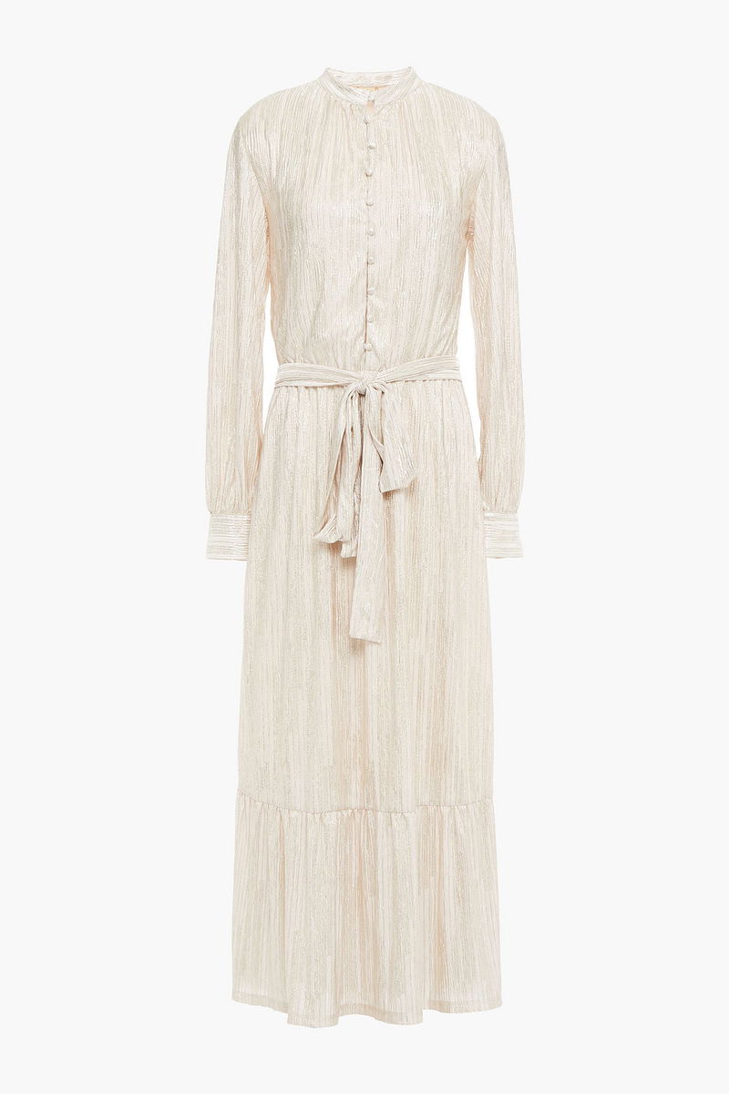jojo metallic midi dress MELISSA ODABASH Jojo Belted Plissé Metallic Satin Midi Dress