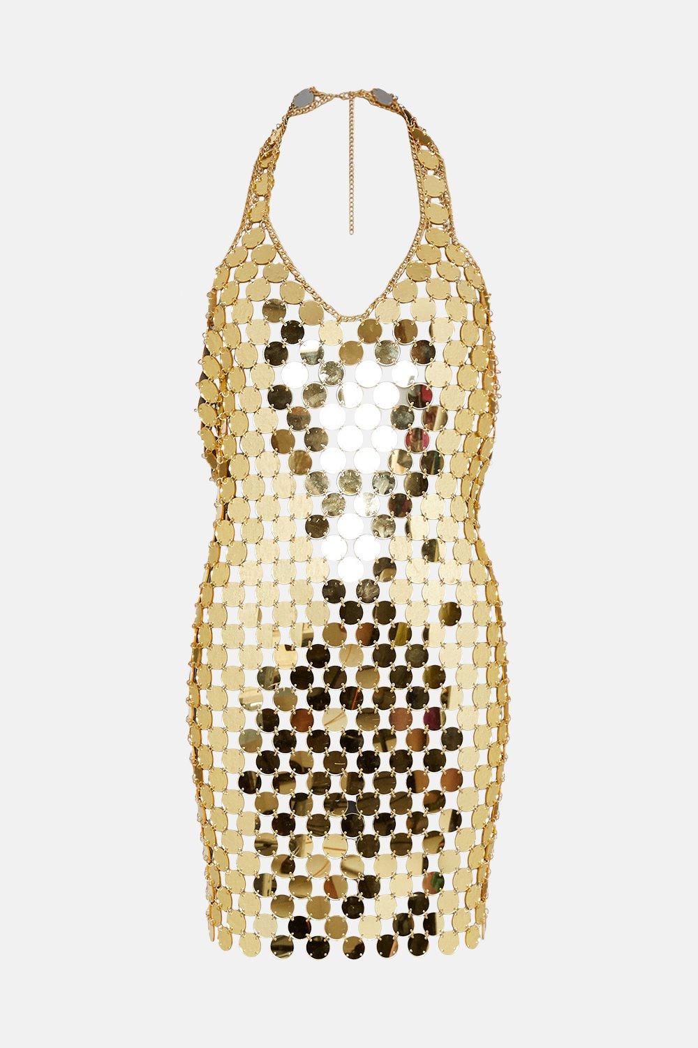 KAREN MILLEN Mirrored Disc Chain Halter Mini Dress | Endource