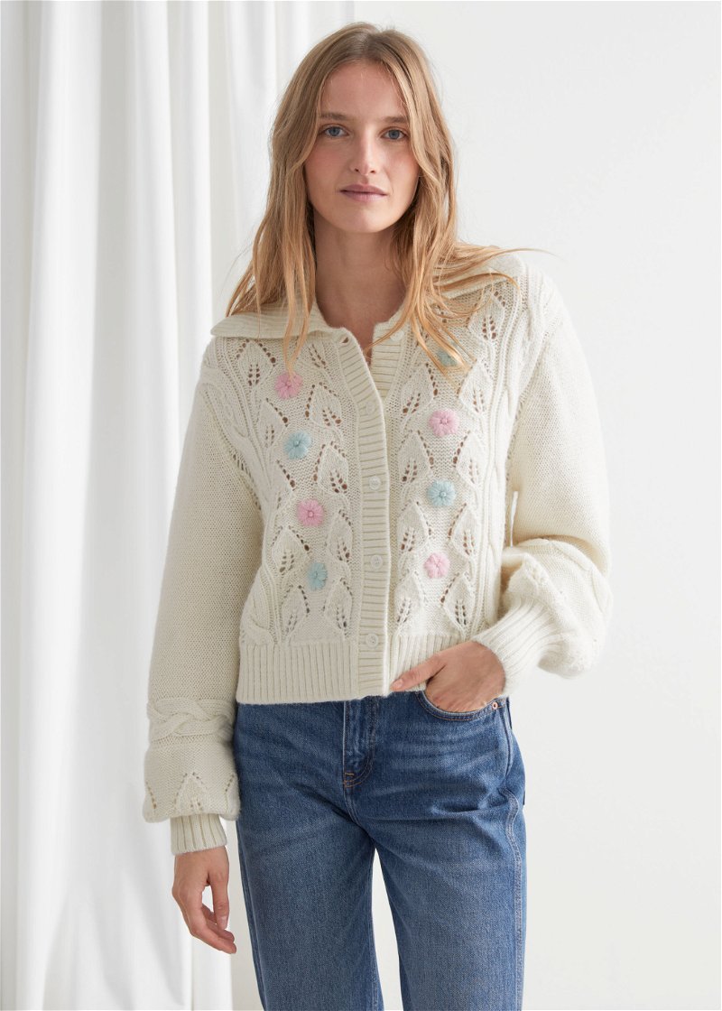 & OTHER STORIES Floral Embroidery Cable Knit Alpaca Cardigan in White ...
