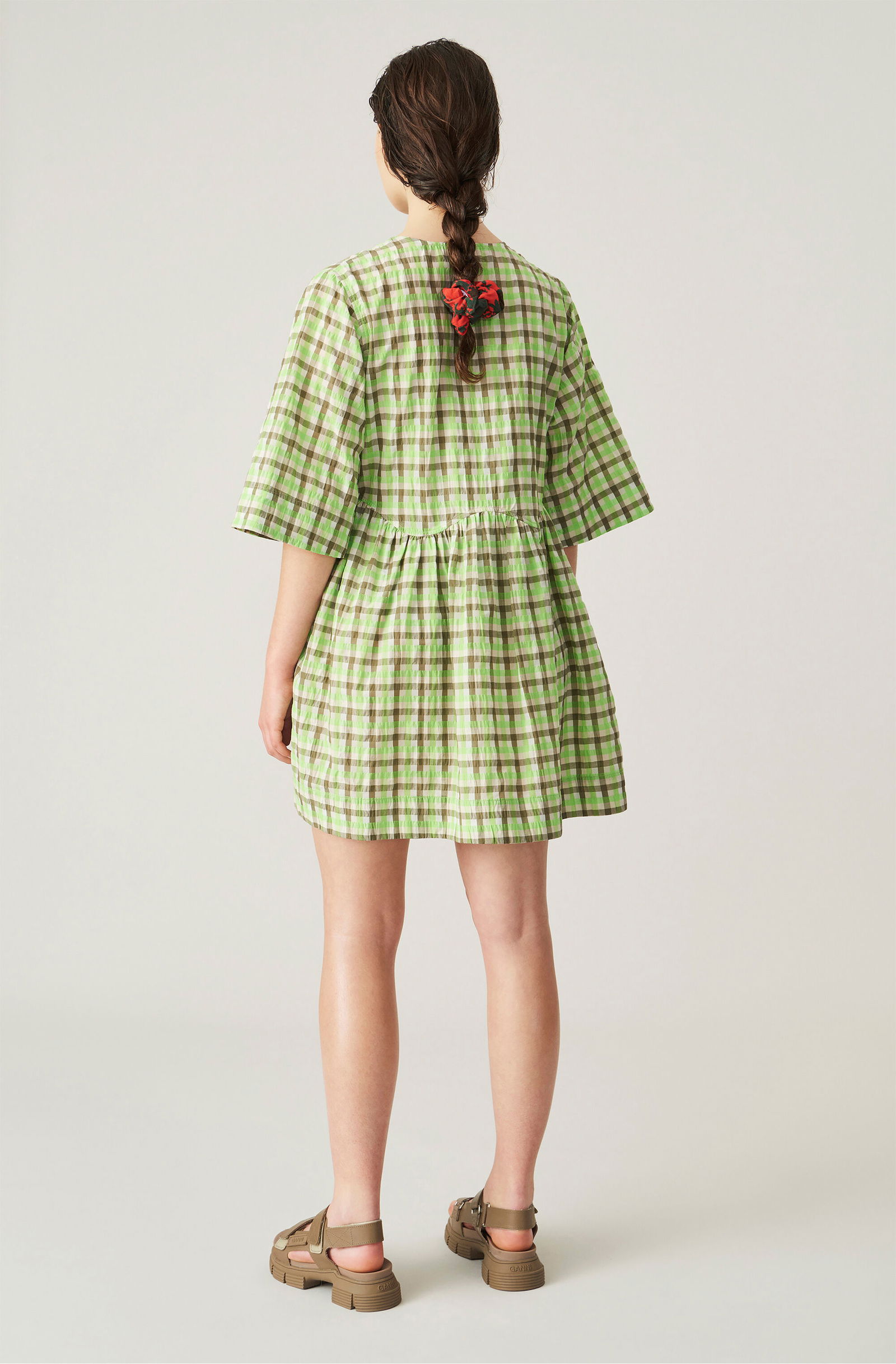 ganni green seersucker dress Check Wrap printed dresses