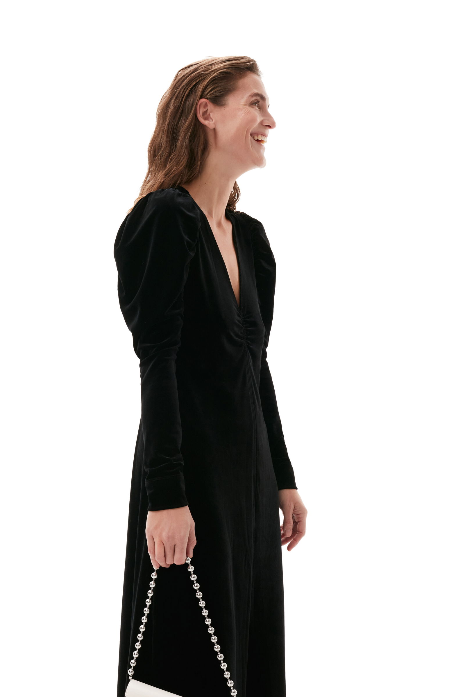chinese dress ladies Velvet Gathered Long Dress in Black