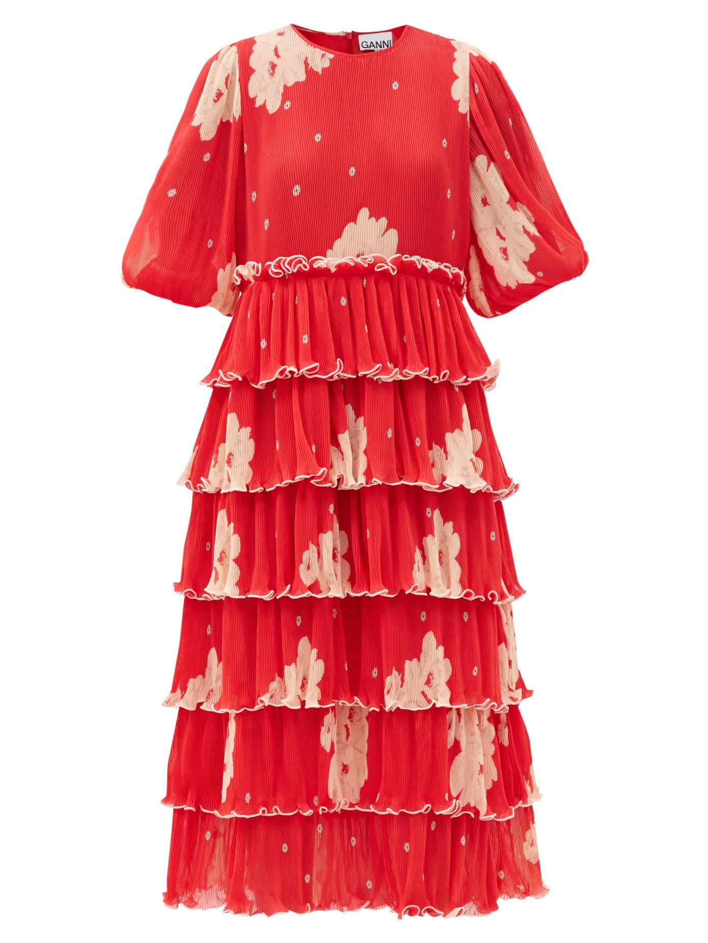 GANNI Tiered Floral-Print Pleated-Georgette Midi Dress | endource