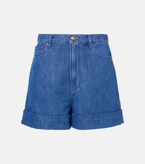 Blue denim shorts with rolled-up cuffs