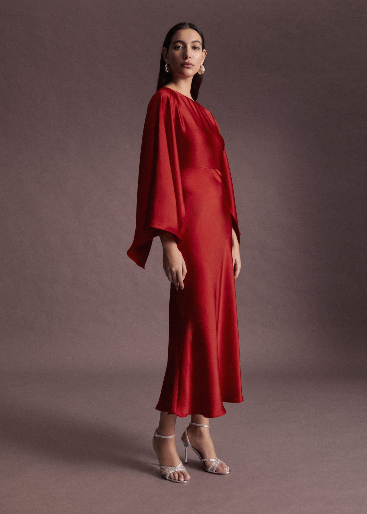 MANGO Flared-Sleeve Satin Dress | endource