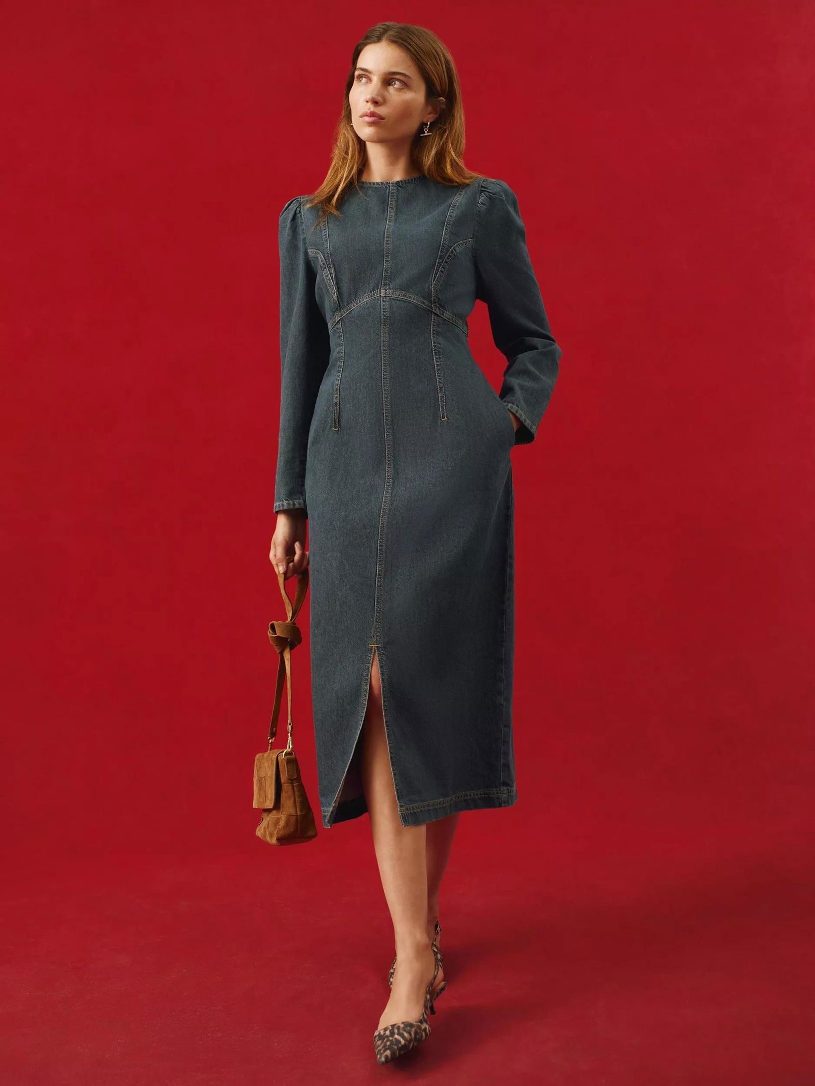MINT VELVET Puff Shoulder Denim Midi Dress, Blue | endource