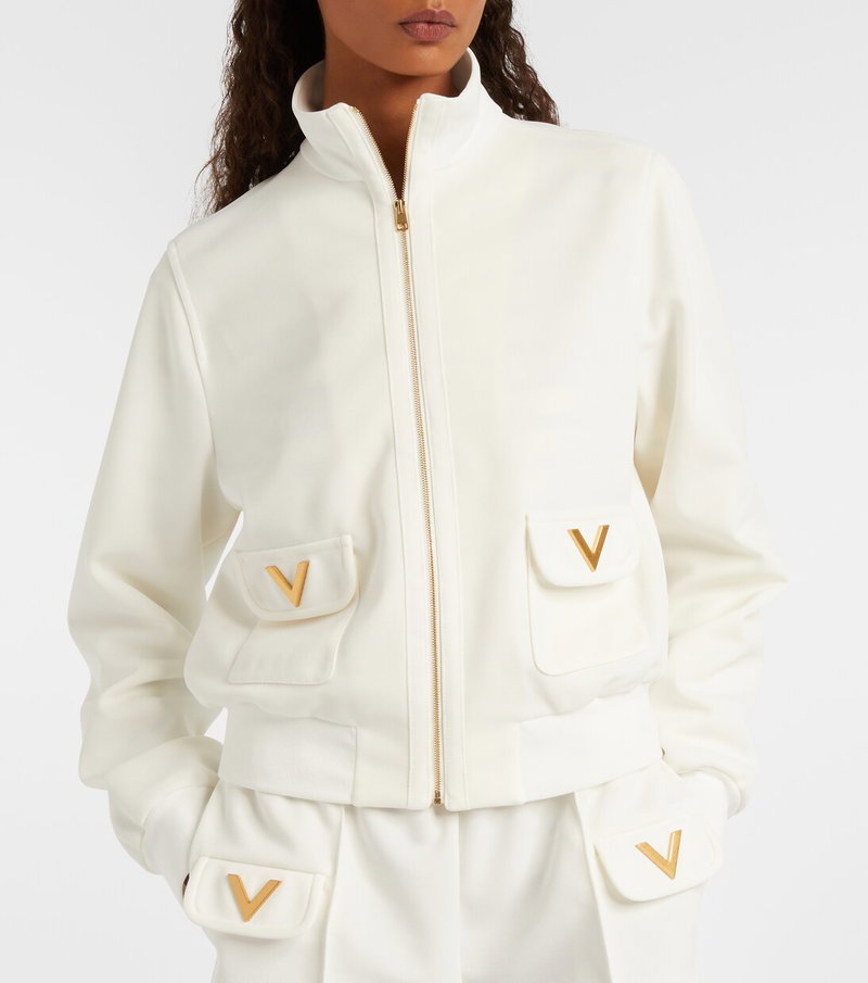 Valentino white zip-up jacket with gold logo and pockets