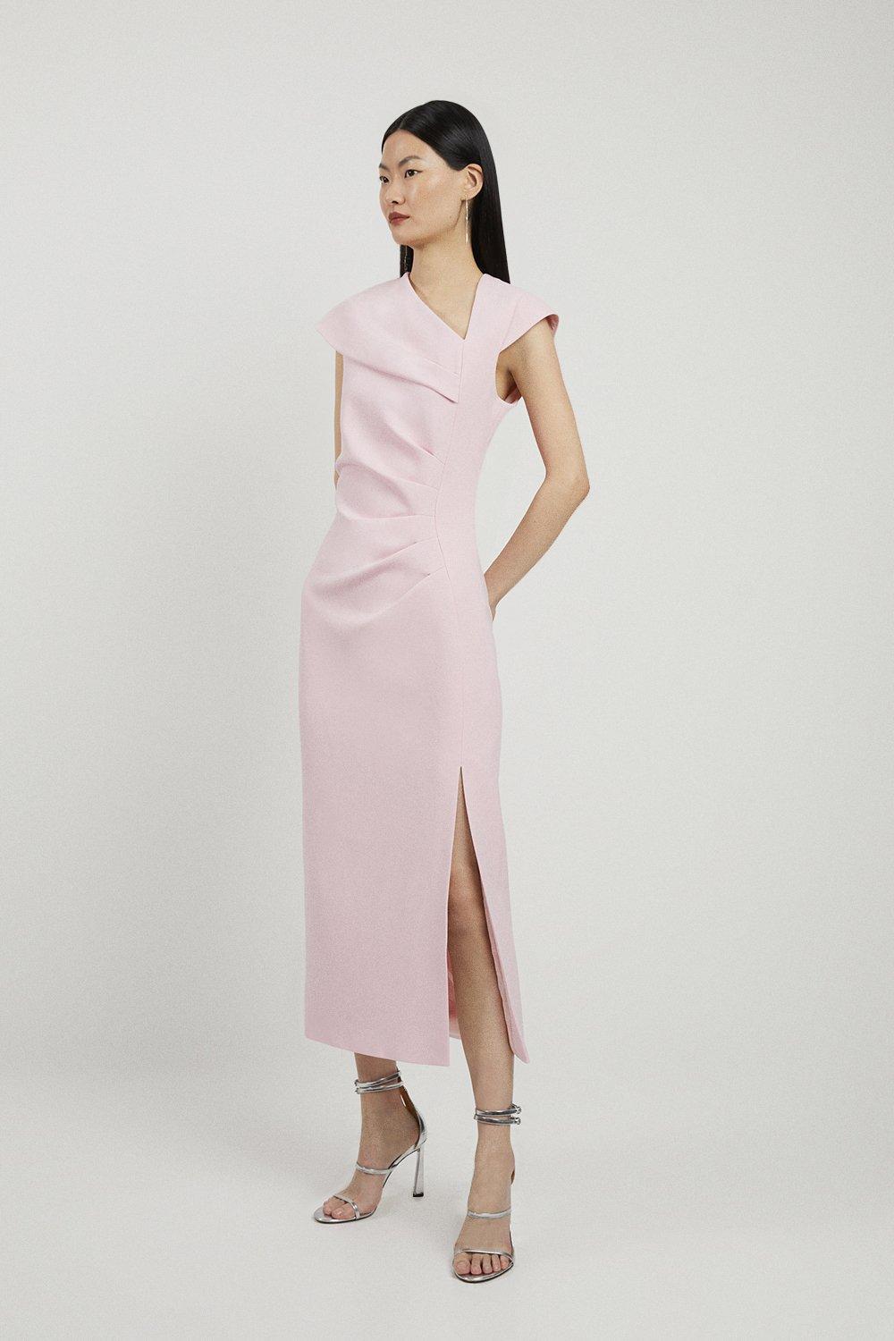 tailored crepe asymmetric pleated midi dress Asymmetrical Neckline Crepe Midi Dress Navy – Roland Mouret