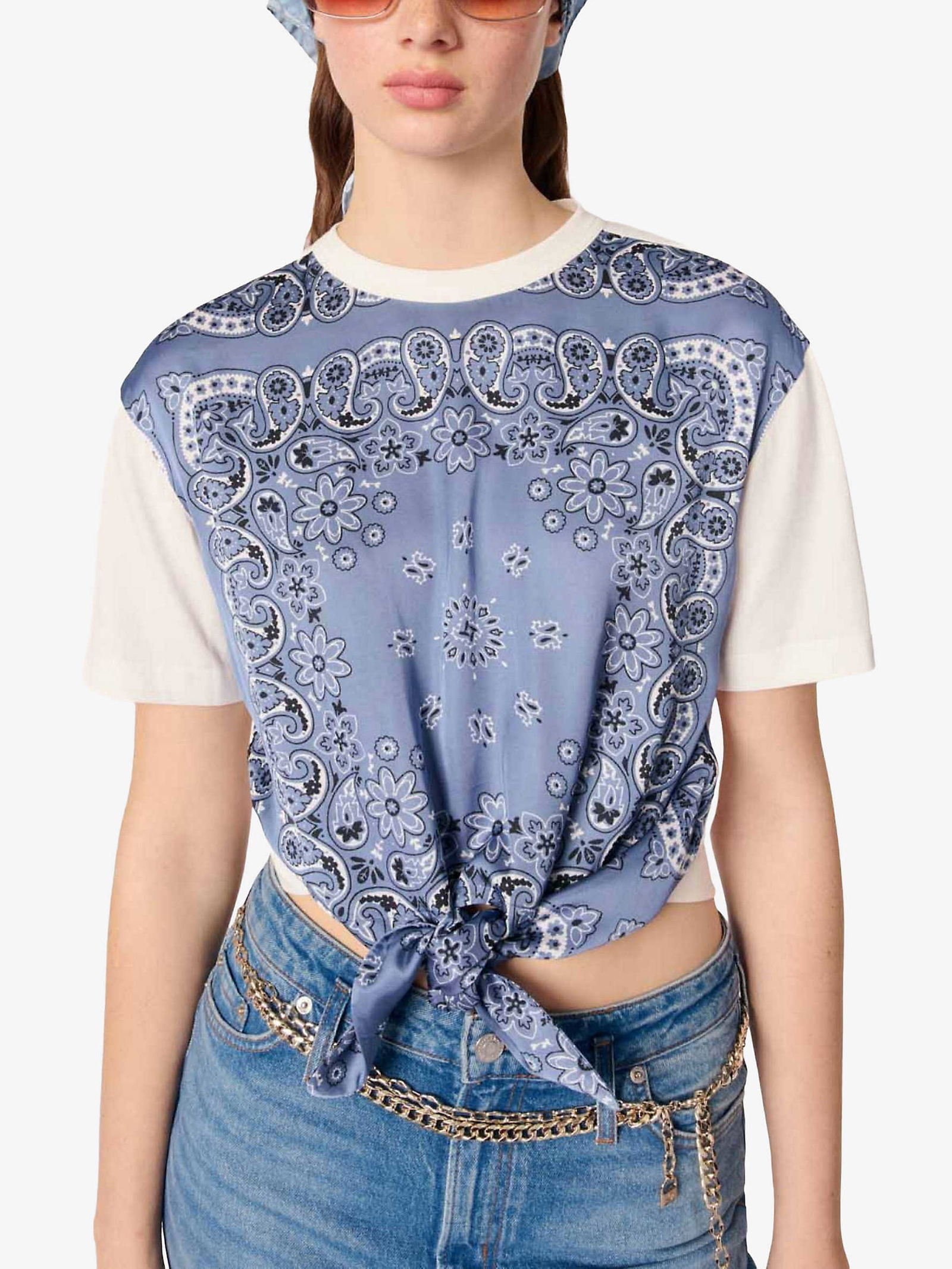 MAJE Bandana-Print Tie-Front Cotton T-Shirt | endource