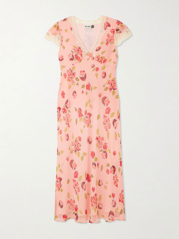 Rixo Clarice Lace-Trimmed Appliquéd Floral Midi Dress