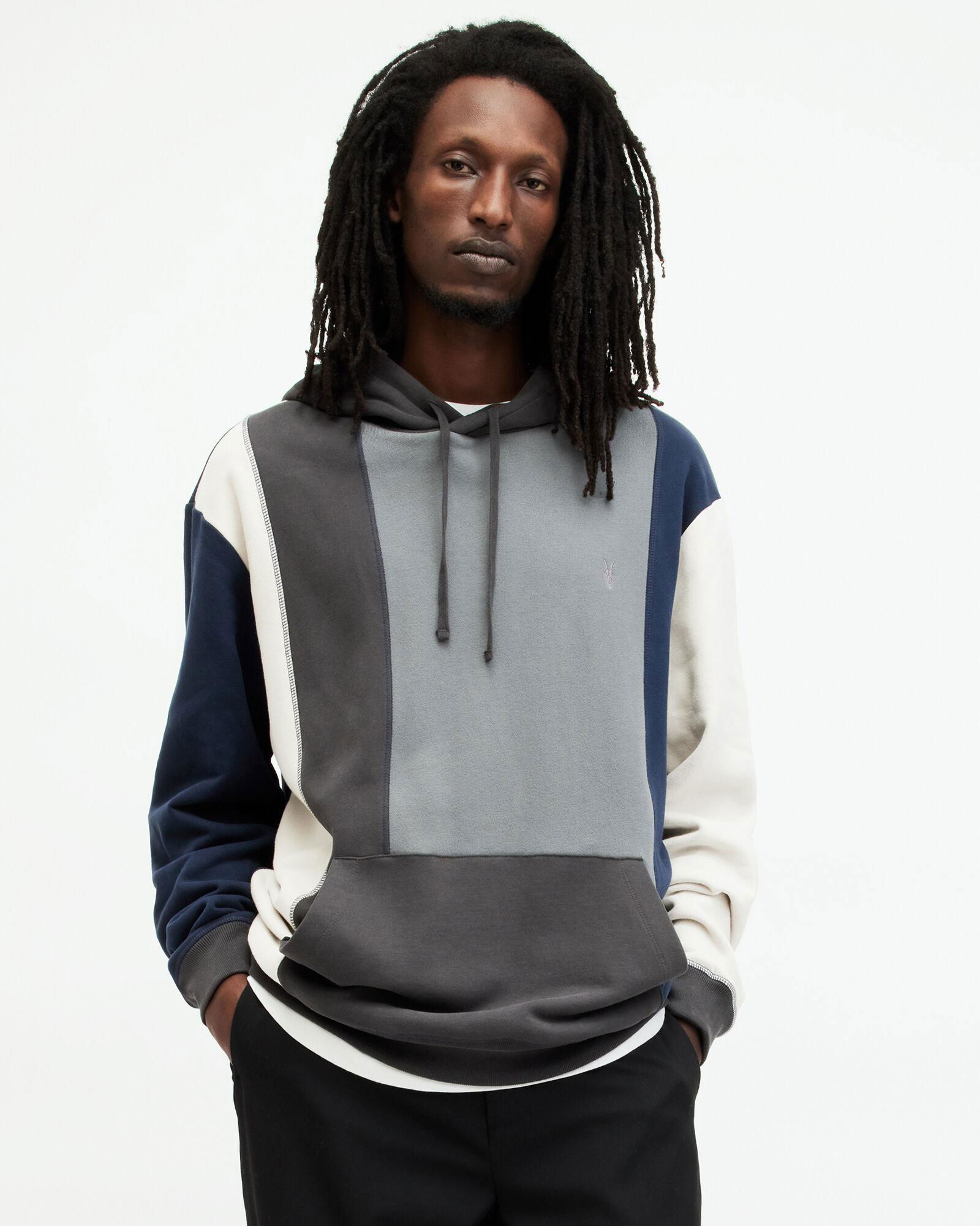 ALLSAINTS Repurpose Panelled Pullover Hoodie in GREY/BLUE/GREY/BLK