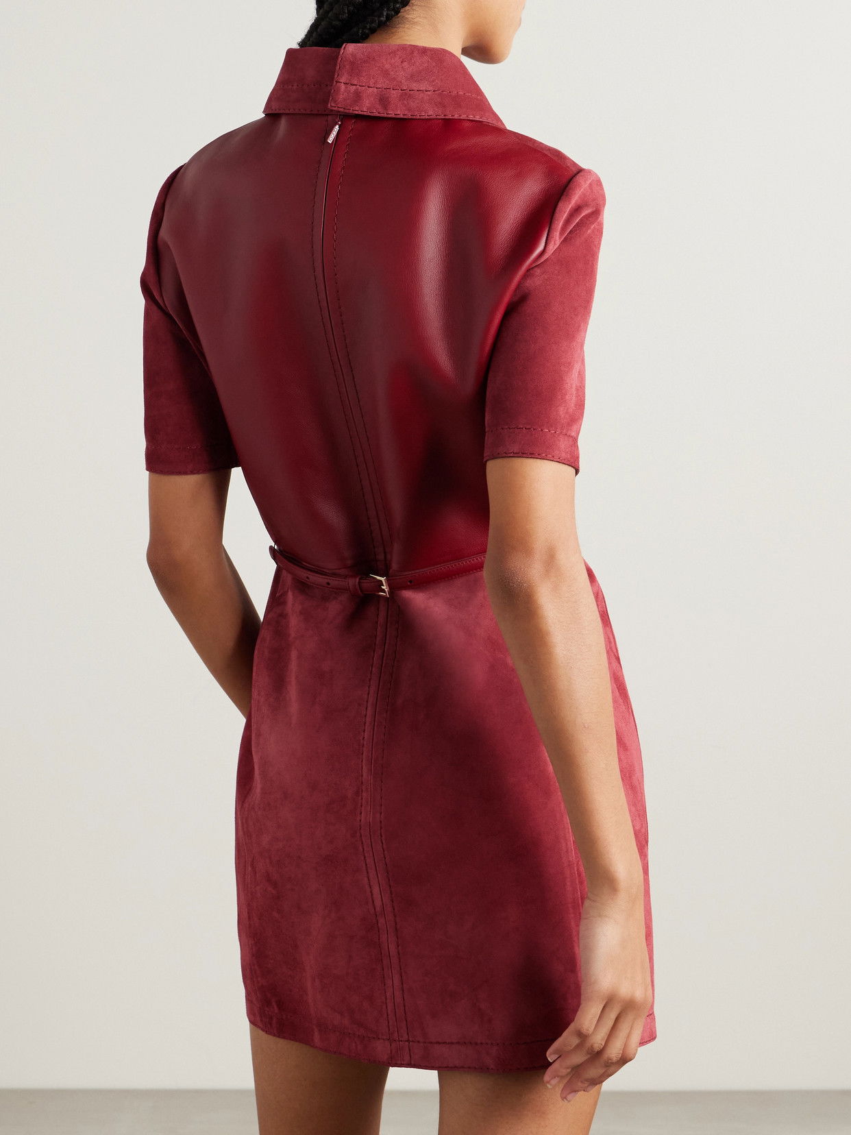 gucci red leather dress GUCCI Belted Leather-Paneled Suede Mini Dress