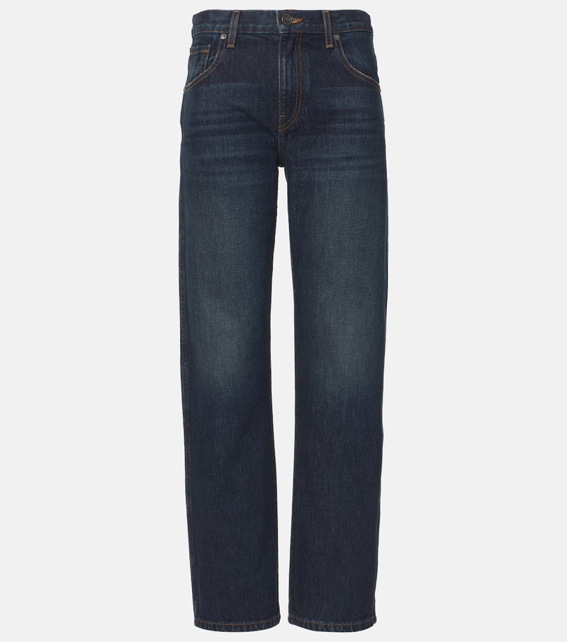 Dark wash, wide-leg denim jeans with orange stitching