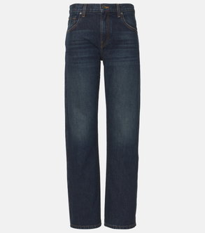 Dark wash, wide-leg denim jeans with orange stitching