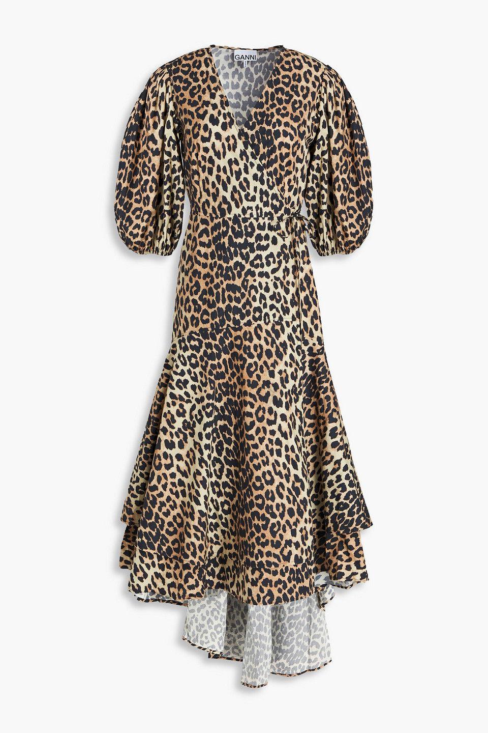 GANNI Layered Leopard Midi Wrap Dress endource