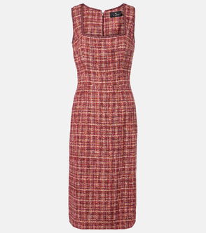 Red and brown tweed dress with a fitted bodice and long sleeves