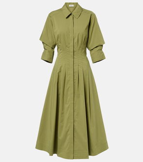 Olive green, pleated midi dress with puffed sleeves.