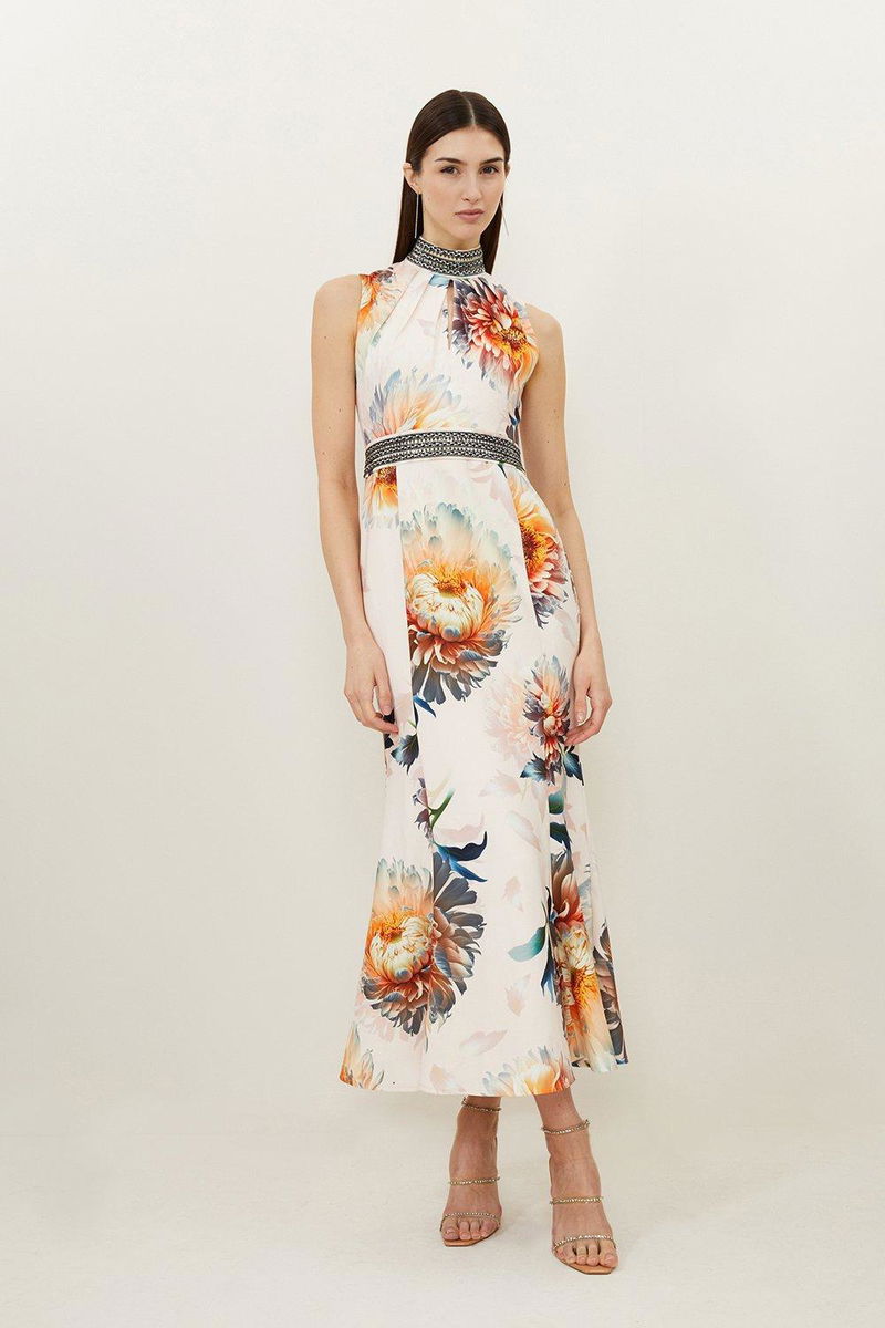 KAREN MILLEN Diamante Trim Rose Floral Maxi Dress in Floral | endource 