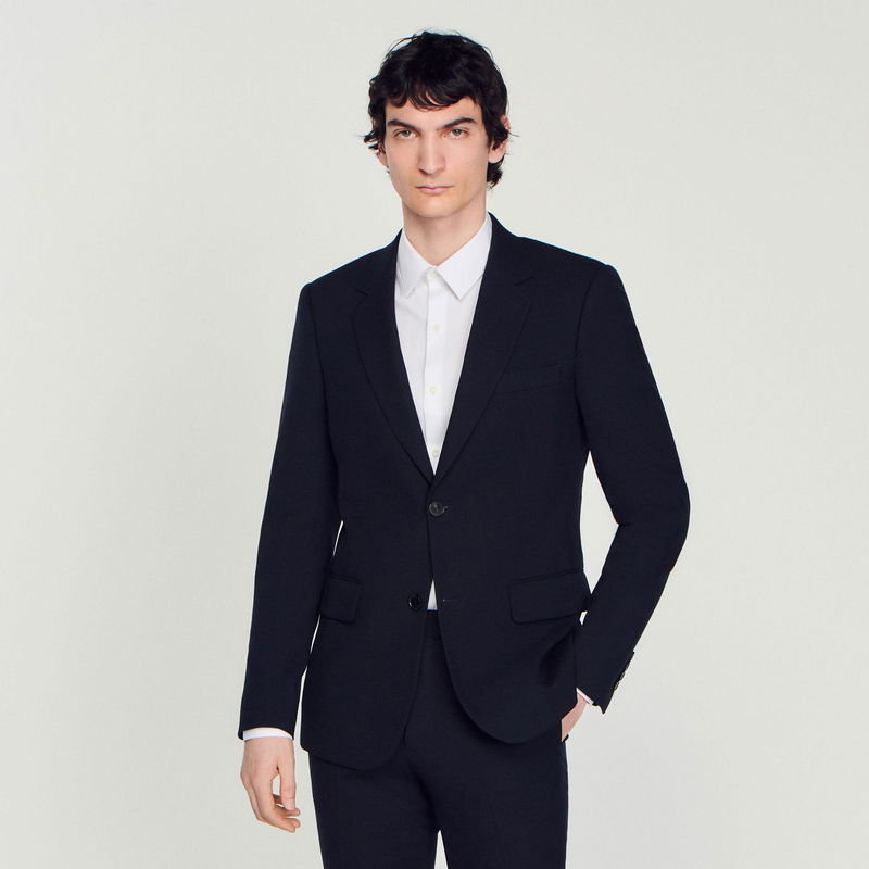 SANDRO Wool Suit Jacket in Navy Blue | Endource