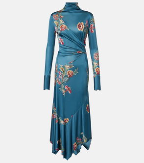 Teal satin dress with floral print
