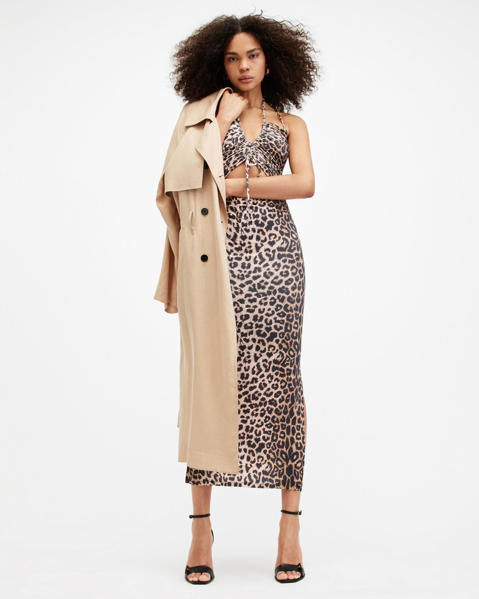 amaya leopard print cut out midi dress ALLSAINTS Amaya Leopard Print Cut Out Midi Dress