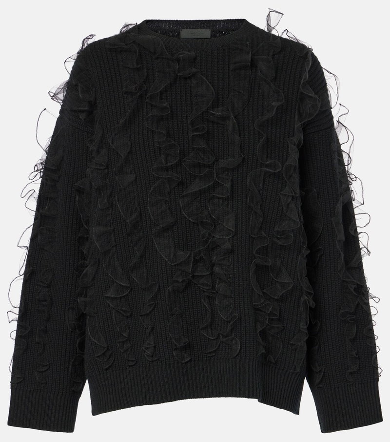 Black ribbed sweater with ruffled tulle trim