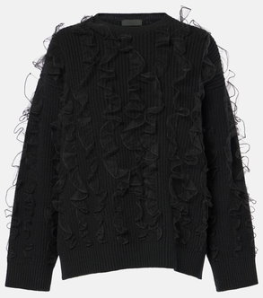 Black ribbed sweater with ruffled tulle trim