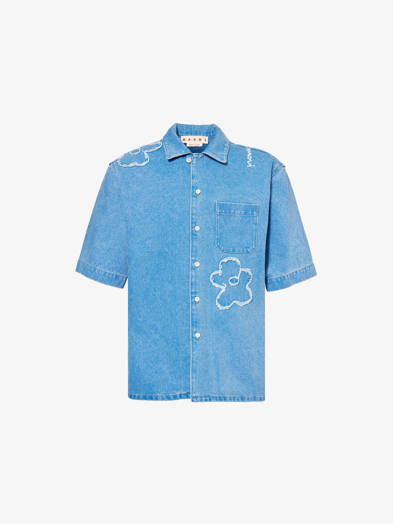 MARNI Flower-Pattern Short-Sleeves Relaxed-Fit Denim Shirt | endource