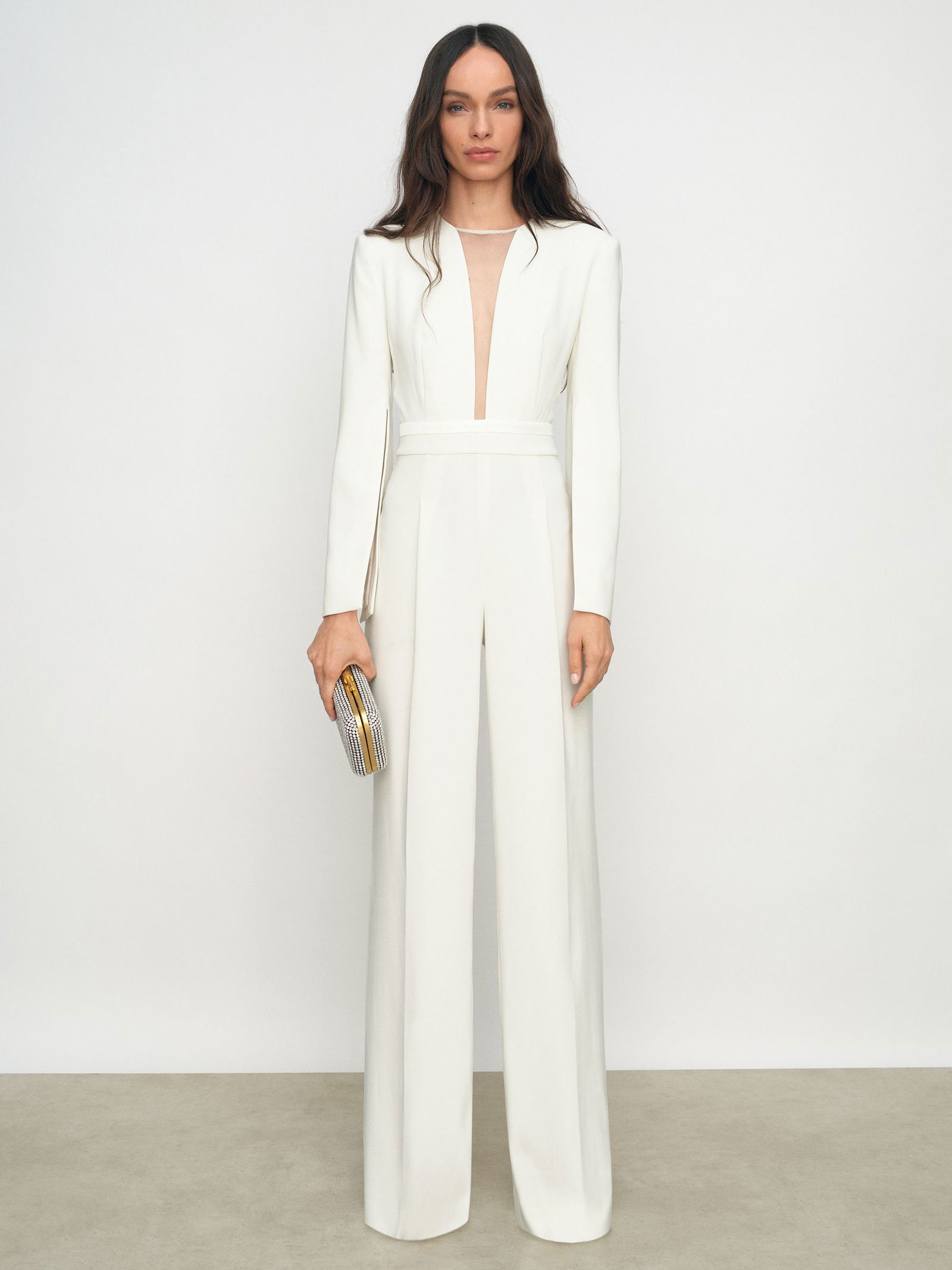 Elwkr REISS Plunge-Neck Split-Sleeve Jumpsuit In Ivory | endource