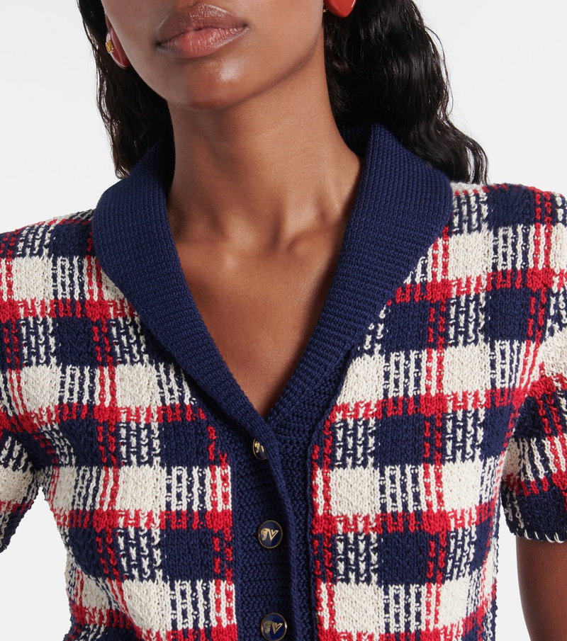 Valentino red and navy plaid cardigan worn by a model