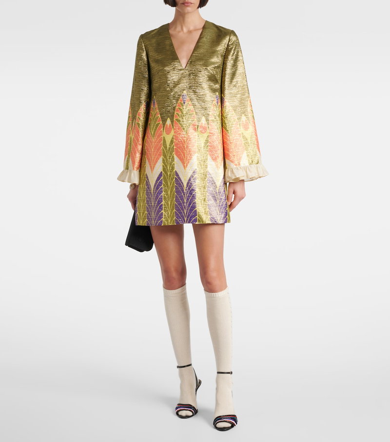 Valentino gold and orange peacock print mini dress