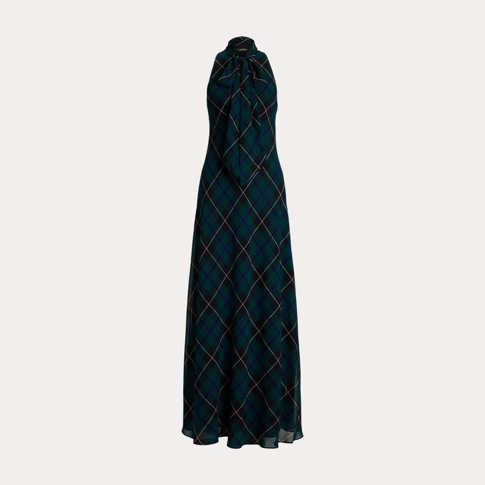 LAUREN RALPH LAUREN Plaid Crinkle Georgette Tie-Neck Gown | endource