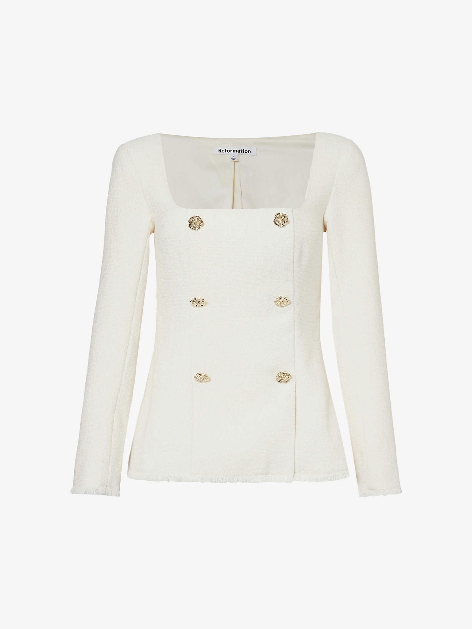 REFORMATION Colleen Square-Neck Tweed Top in IVORY | endource
