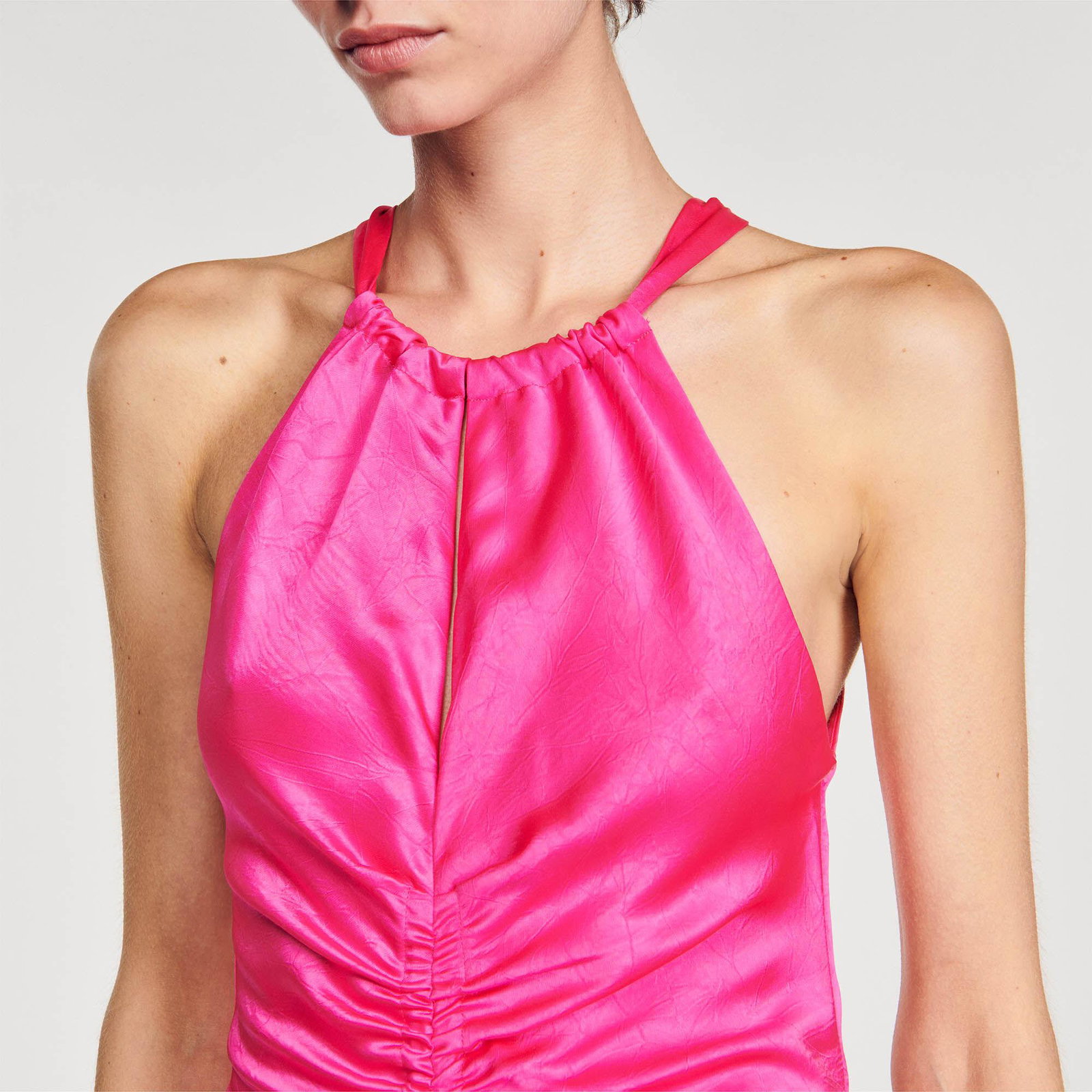 sandro pink silk dress SANDRO Ruched Satin-Effect Maxi Dress