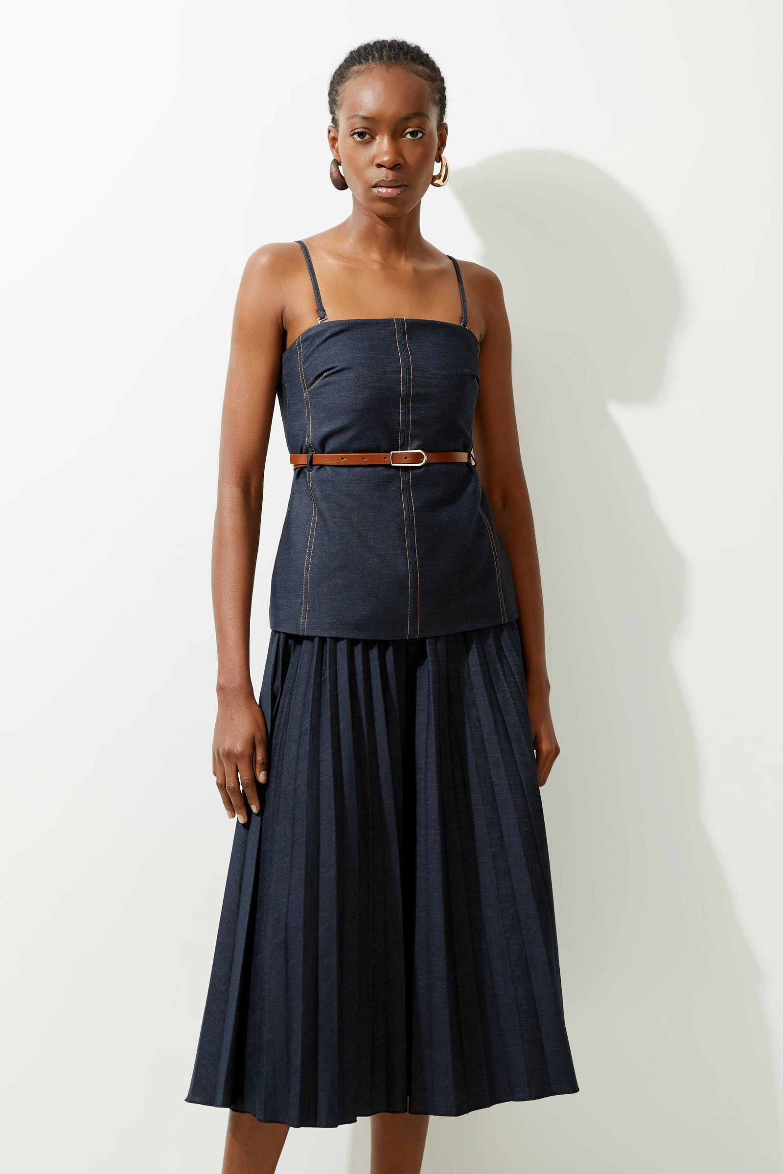 karen millen denim pleated dress KAREN MILLEN Tailored Denim Pleated Panel Skirt Dress