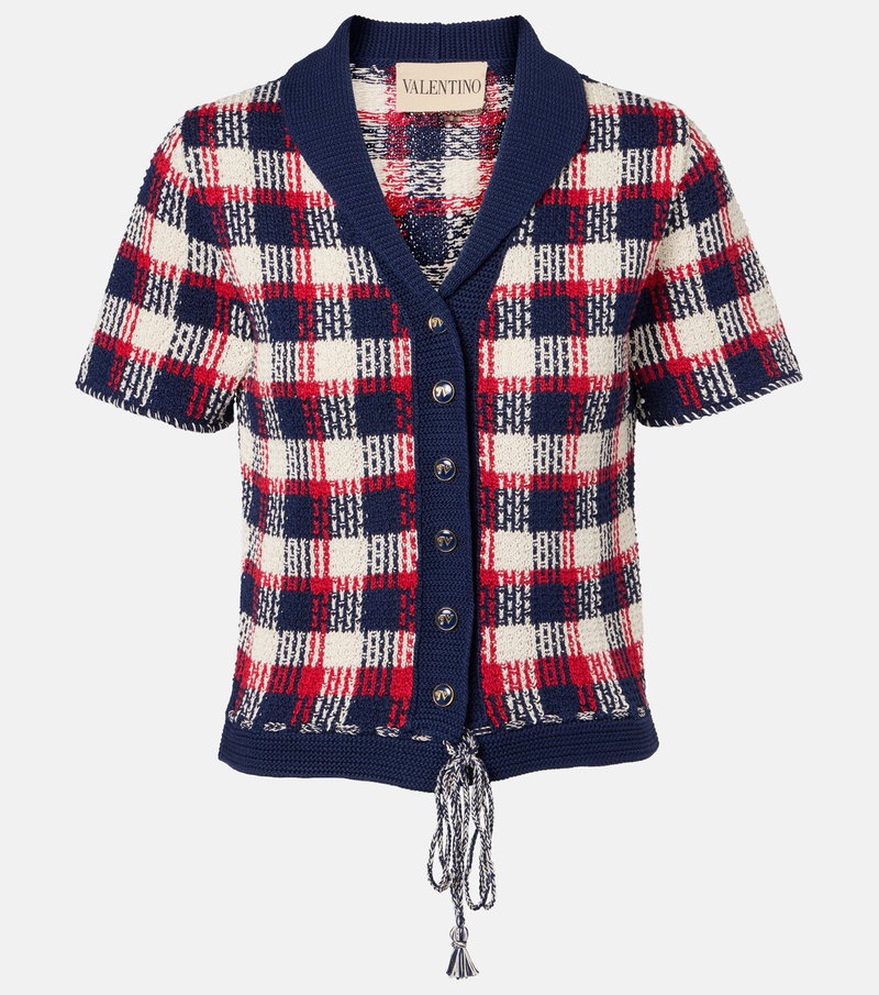 Navy and red plaid knit cardigan with button closure and tassel tie.