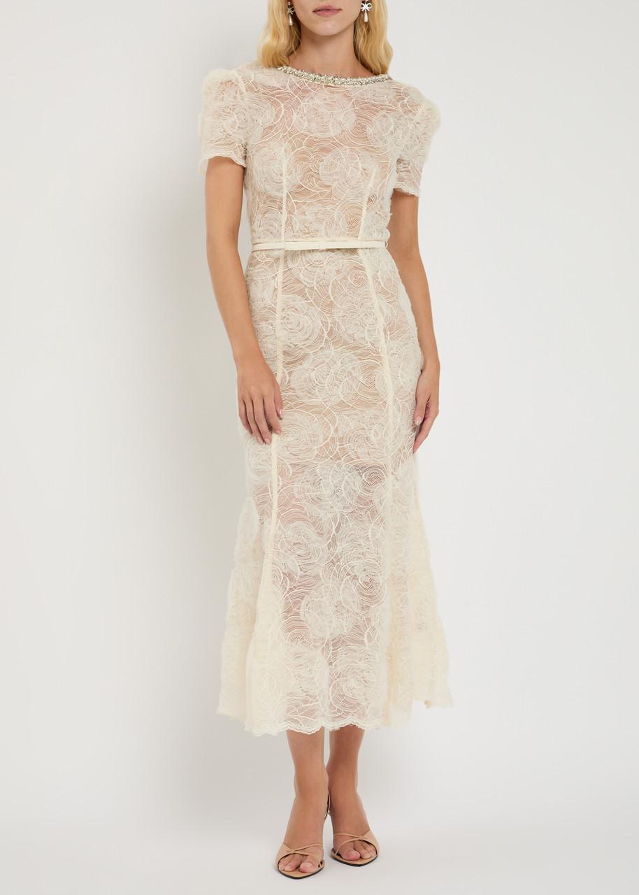 open lace back dress Cream Tailored Bouclé And Chiffon Midi Dress – self-portrait-US main image 0