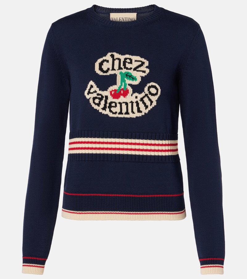 Dark blue sweater with cherry and chez Valentino logo