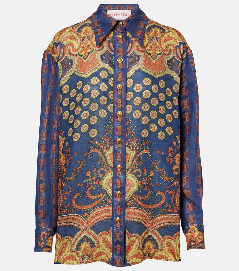 Blue and orange paisley-printed button-down shirt