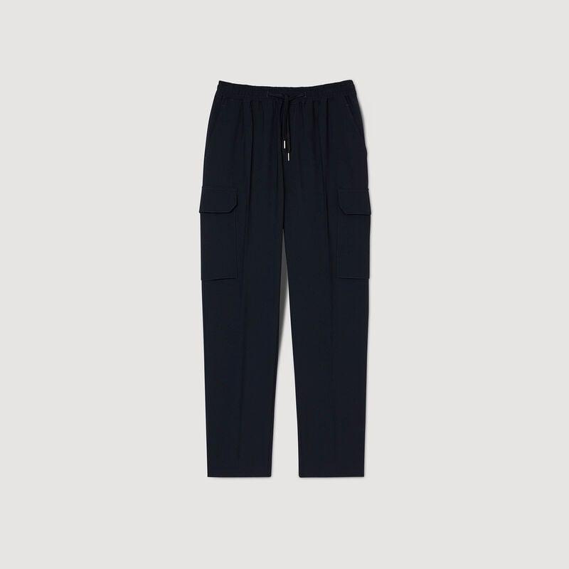Dark navy cargo trousers with drawstring waist.
