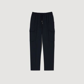 Dark navy cargo trousers with drawstring waist.