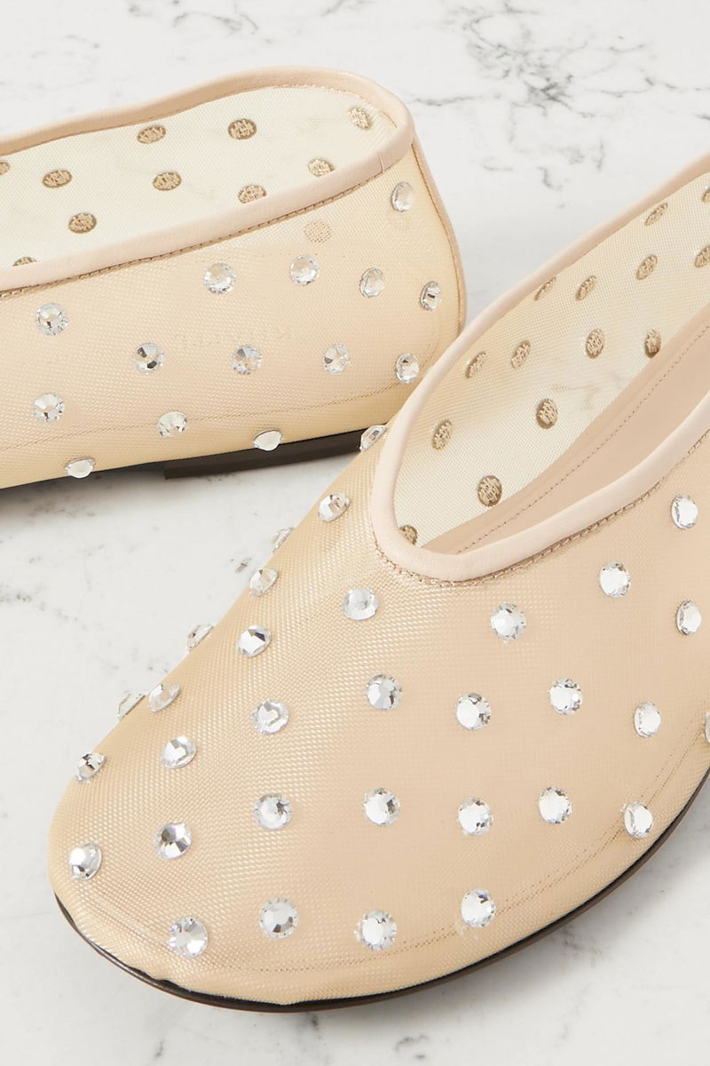 KHAITE Marcy Crystal-Embellished Mesh Ballet Flats in Neutrals | Endource