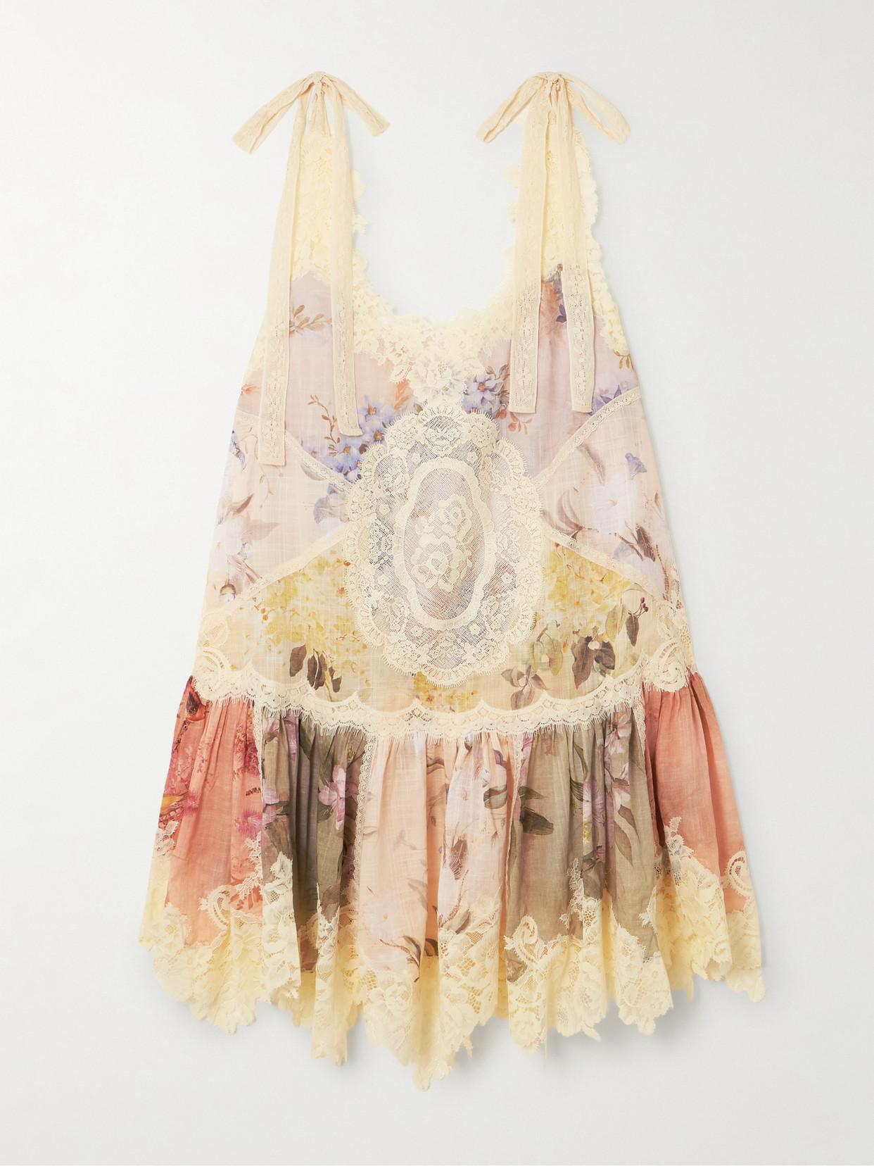 zimmermann cascadian lace mini dress Zimmermann Cascadian Lace-Trimmed Floral-Print Mini Dress In Multi - 50%  Off