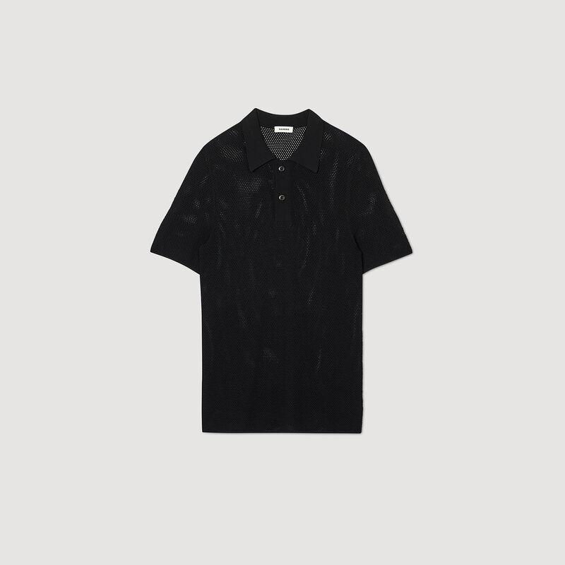 Black mesh polo shirt with short sleeves